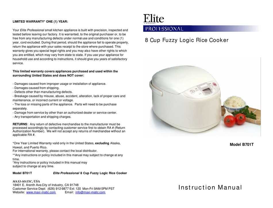 elite rice cooker instruction manual