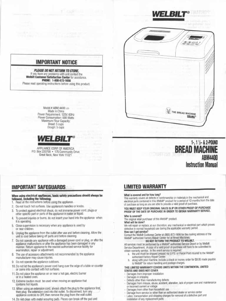 instruction manual for welbilt bread machine