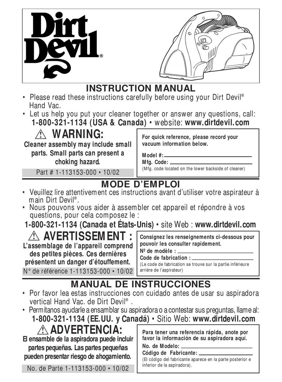 dirt devil vacuum cleaner instruction manual