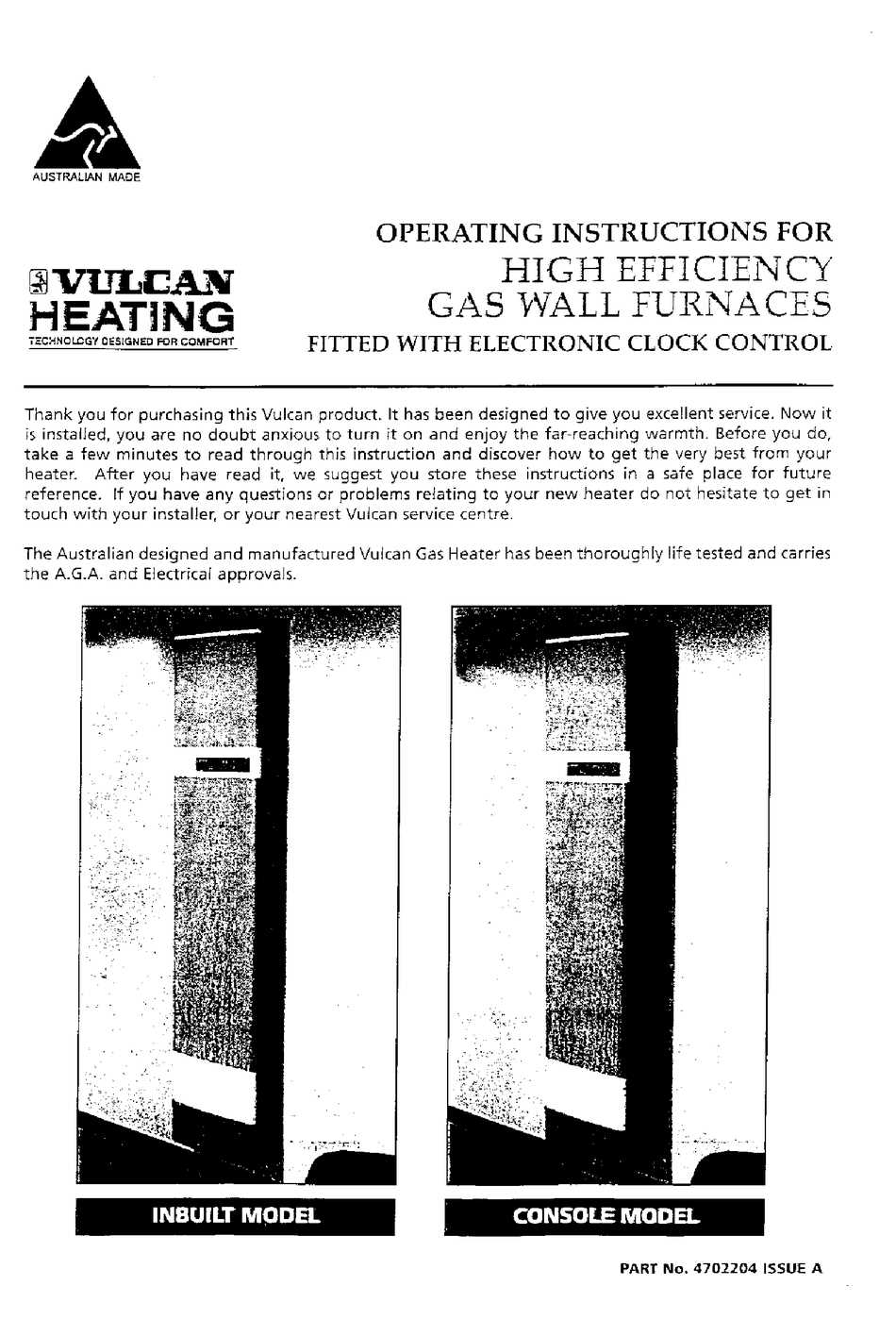 vulcan gas heater instruction manual