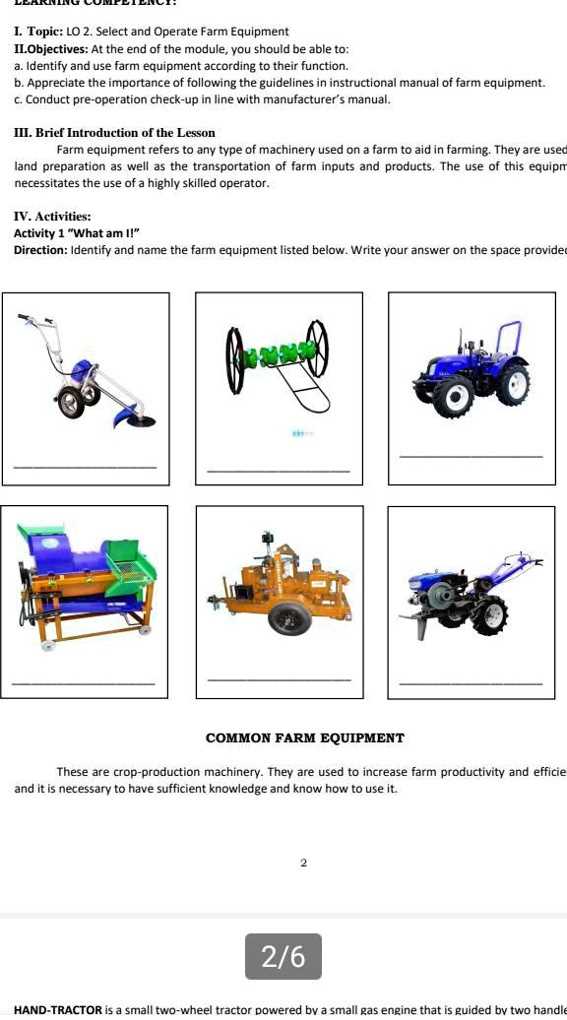 pictures of various farm equipment and instructional manual