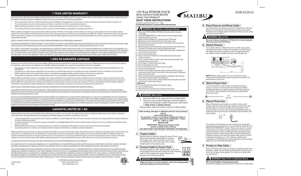 malibu 600 watt transformer instruction manual