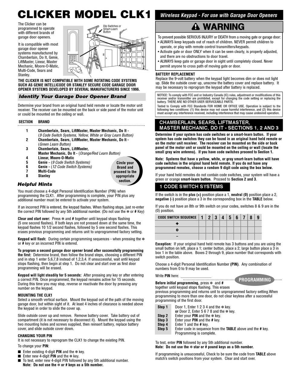 instruction manual for clicker garage door opener