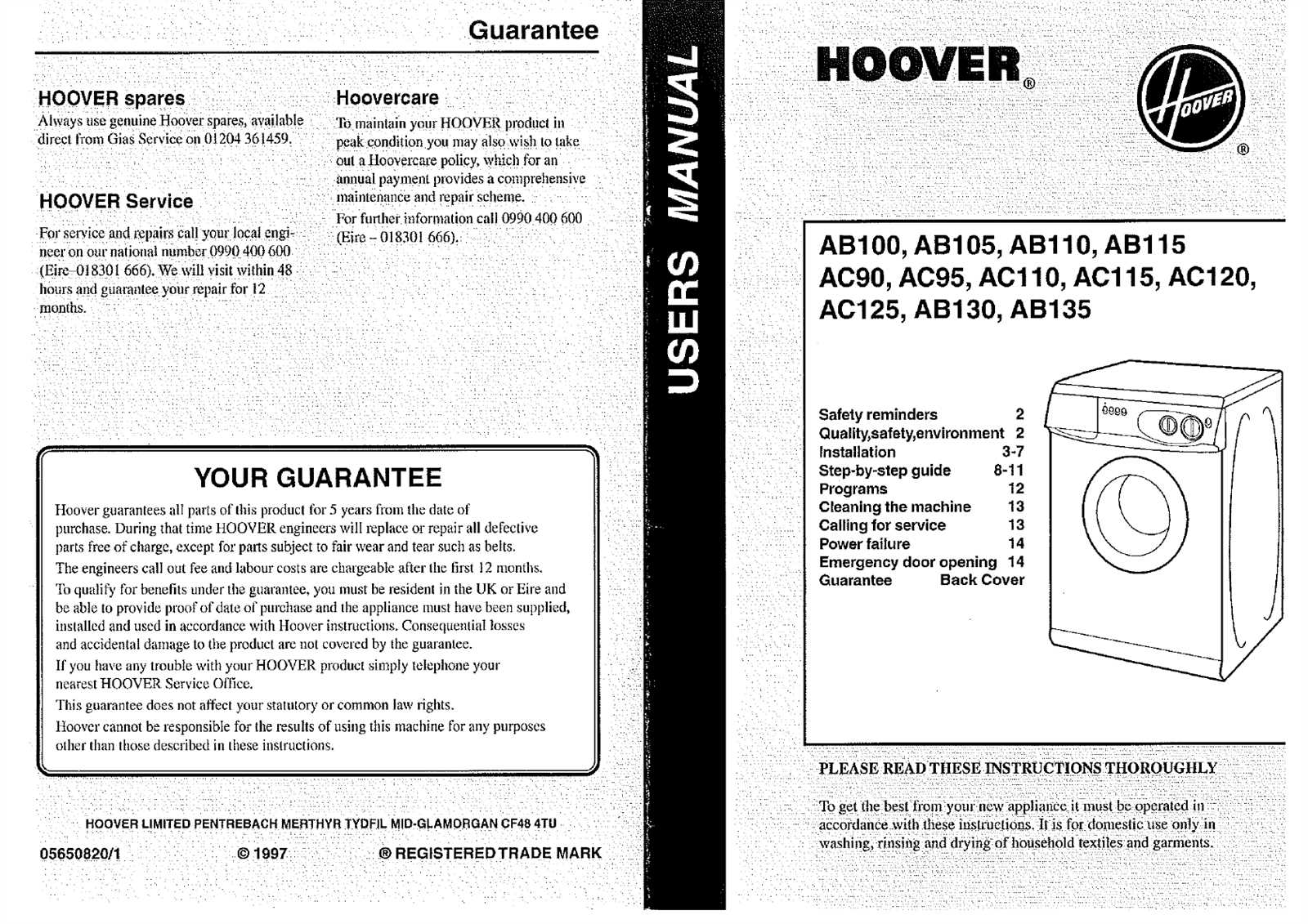 hoover washing machine manual instructions