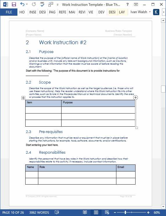 word template instruction manual